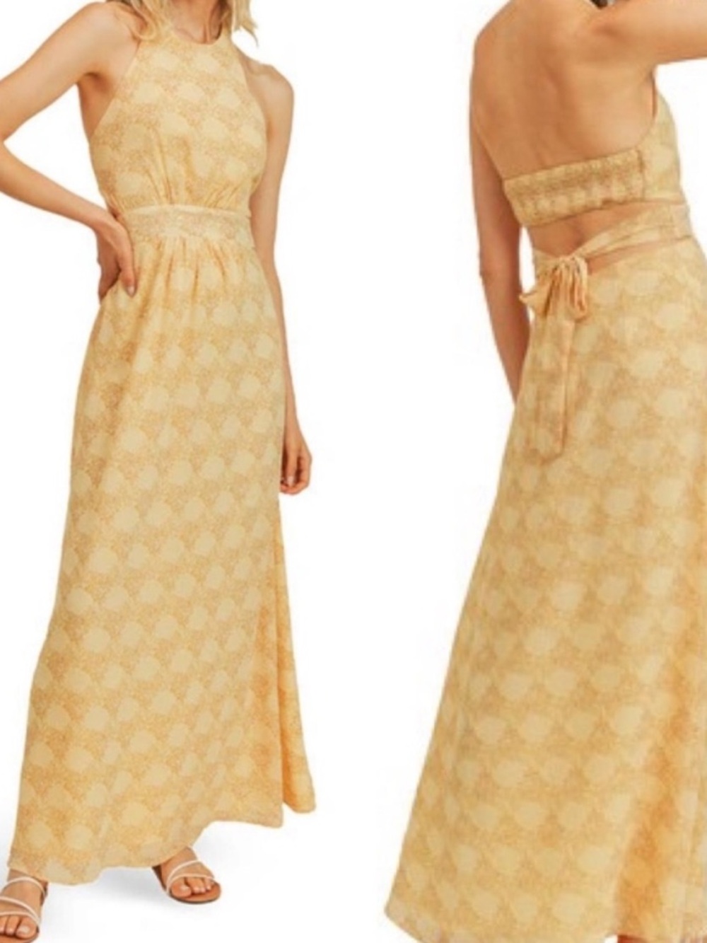 Lush Open Back Tie Waist Halter Maxi Dress in Medallion Print Yellow, Sz S NWT